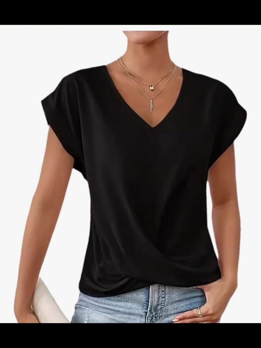 Women's Black V-Neck Short Sleeve Twist Front Top